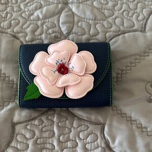NWOT Rare Kate Spade Floral Embellished Navy and Pink Women's Bifold Wallet